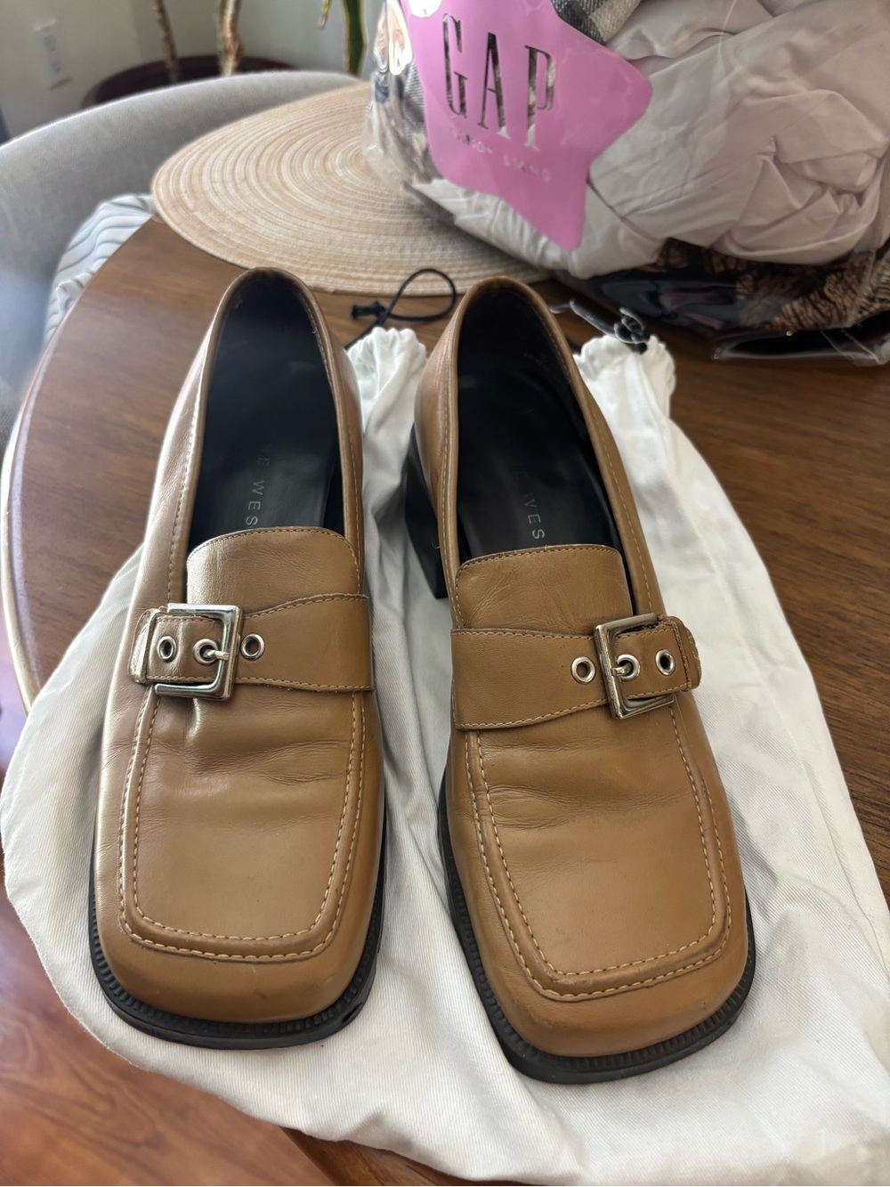 Nine West Tan Leather Buckle Loafers